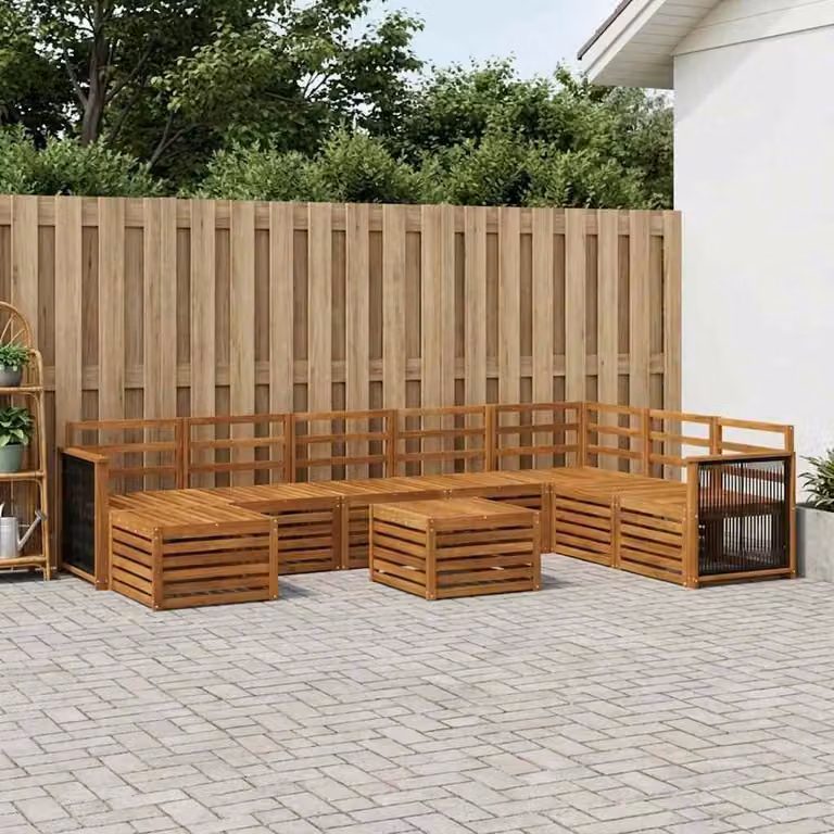 vidaXL Set di divani da esterno a L composto da 9 pezzi in legno di acacia massello marrone con cuscini inclusi