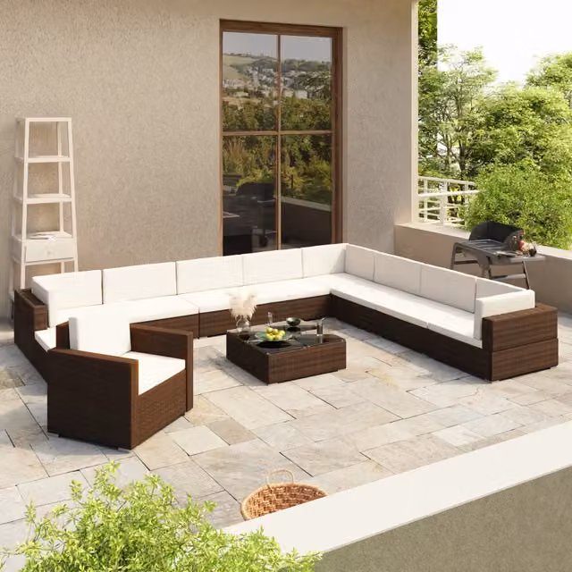 Set di Divani da Giardino Moderno vidaXL a Forma di U con 12 Pezzi, Cuscini Inclusi e Tavolino, Colore Marrone e Bianco