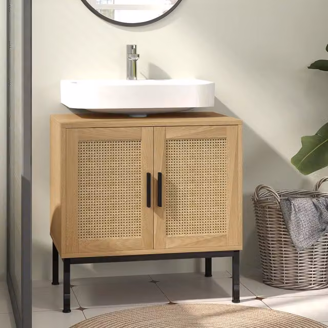 Mobile sottolavabo Vovees Living in legno e rattan color rovere, con ante a battente e ripiani interni, L: 60 cm, P: 39 cm, H: 60 cm