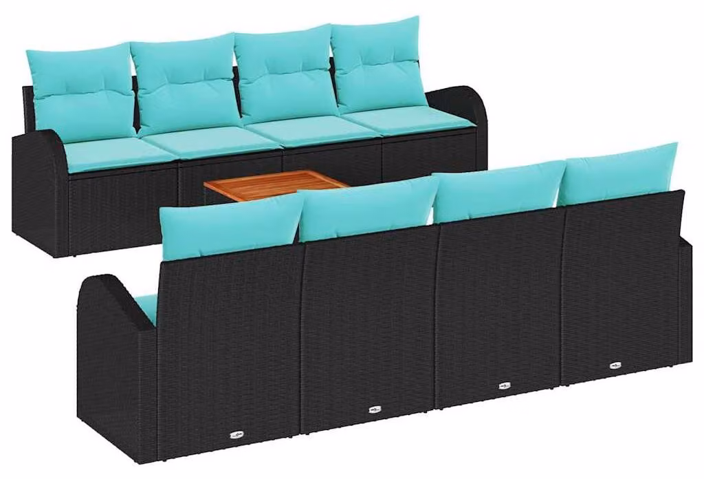 Set da giardino composto da 9 pezzi, in rattan sintetico nero e turchese