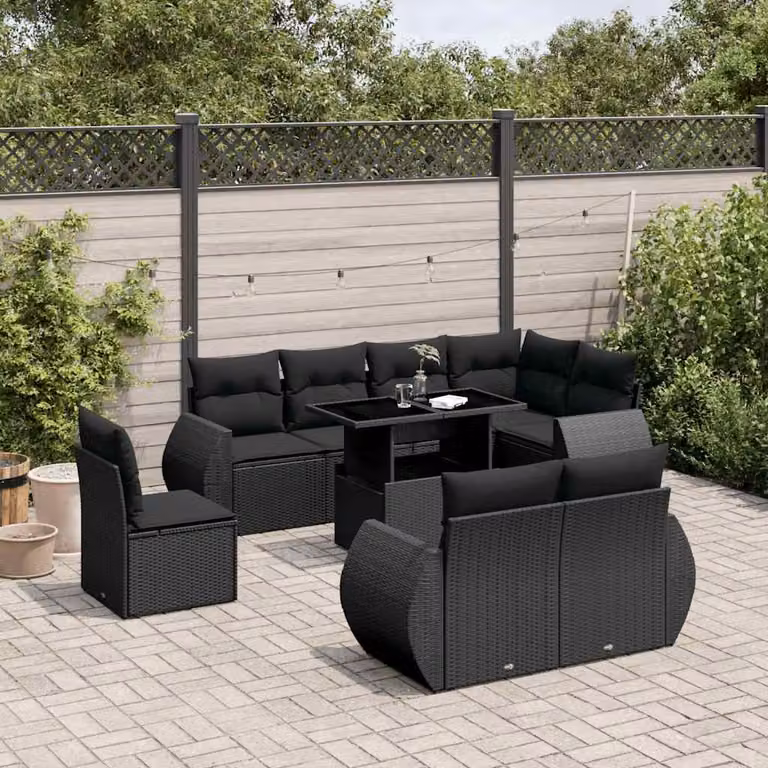 Set di divani da giardino vidaXL a forma di L in polyrattan nero con 9 pezzi e cuscini inclusi