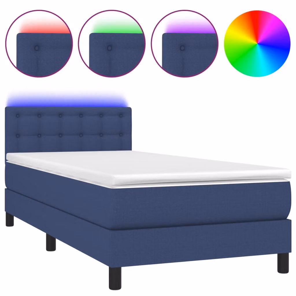 Letto a Molle con Materasso e LED Blu 90x200 cm in Tessuto