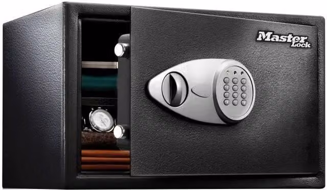 Cassaforte elettronica Master Lock X125ML, grande, combinazione numerica programmabile, 2 chiavi di emergenza, kit di ancoraggio, nero e grigio