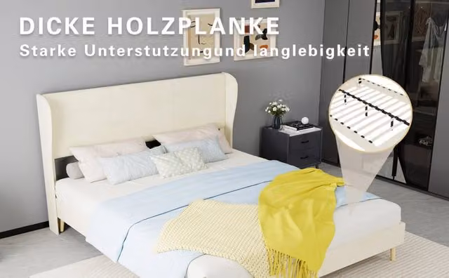 Letto imbottito moderno 160×200 cm beige con testiera morbida in velluto, base bassa senza contenitore e materasso 160×200 cm incluso