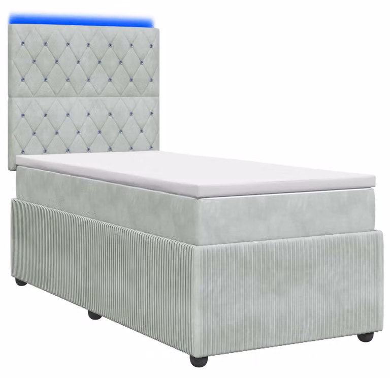 Letto a molle LED con materasso grigio chiaro 100 x 200 cm in velluto