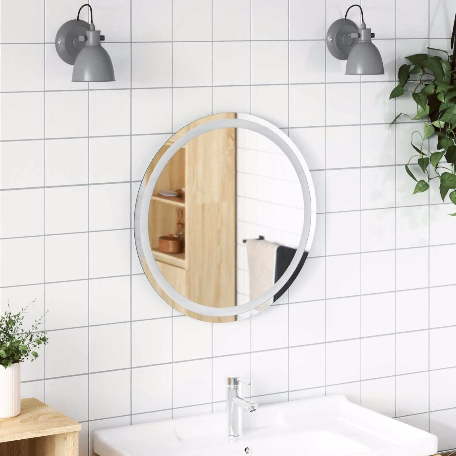 Specchio da bagno tondo con LED vidaXL in vetro temperato argento, Diametro: 60 cm