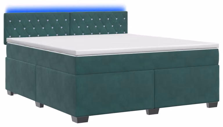 Letto con boxspring, materasso e illuminazione LED, colore verde scuro, dimensioni 140 x 200 cm, rivestito in velluto