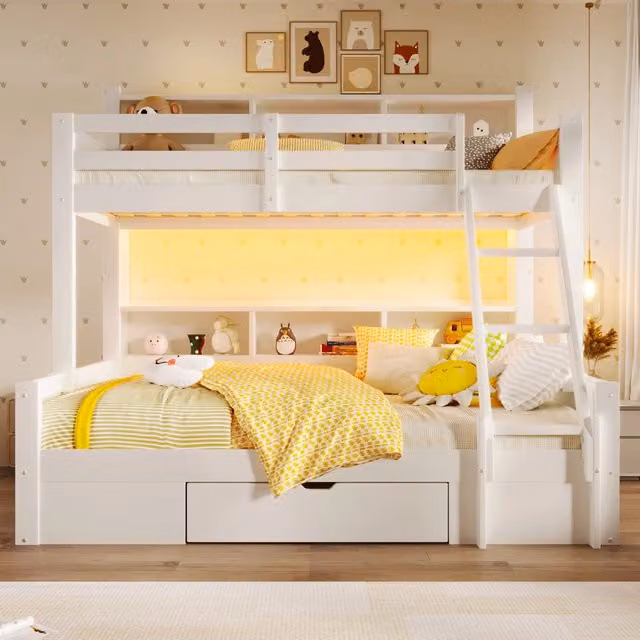 Letto a castello WISHDOR in legno di pino e MDF bianco con illuminazione LED, cassetto e vani aperti, dimensioni L/P/H: 140 x 200 cm e 90 x 200 cm