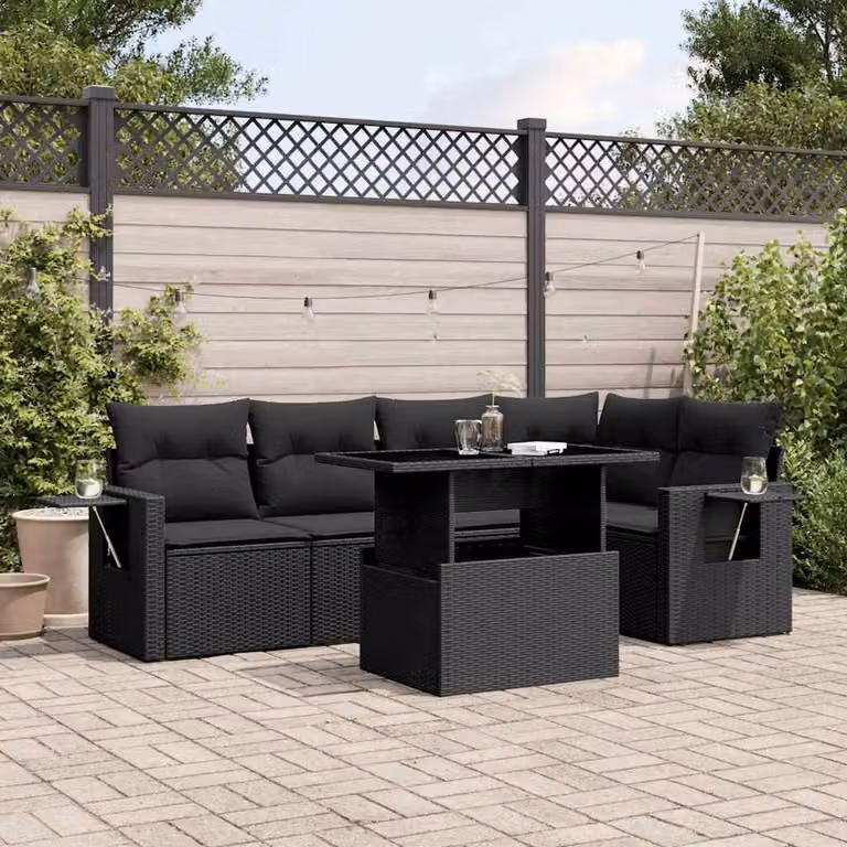 Set Divano da Giardino a L vidaXL 6 pz con Cuscini Nero in Polyrattan e Struttura in Acciaio