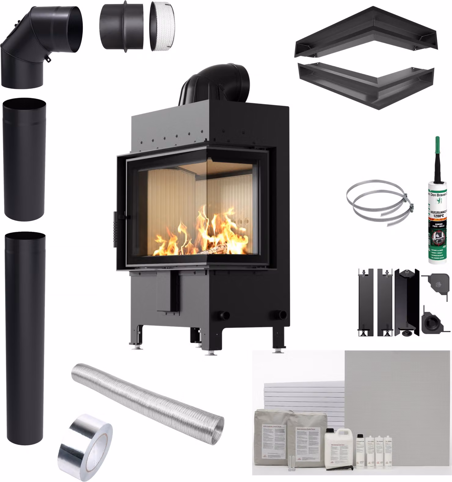 Inserto per caminetto KRATKI LUCY Right 12 kW fi 200 Set di installazione ad angolo