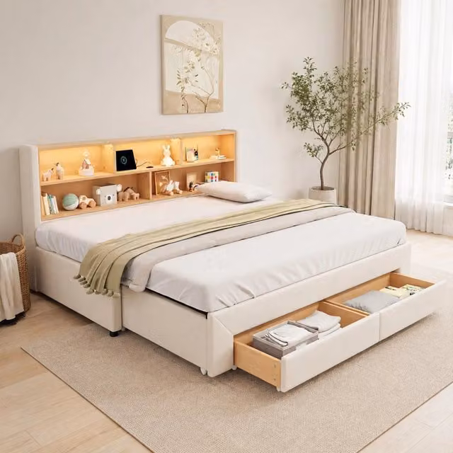 Letto estraibile 90x200 cm estendibile a 180x200 cm con LED, USB e velluto beige