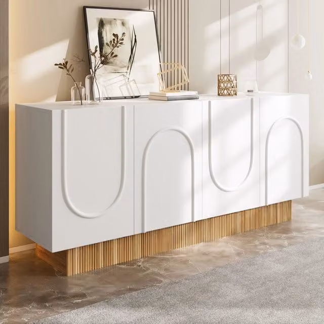Madia a 4 ante con rilievo a U finitura opaca bianca e effetto legno per soggiorno e sala da pranzo 160 × 38 × 75 cm