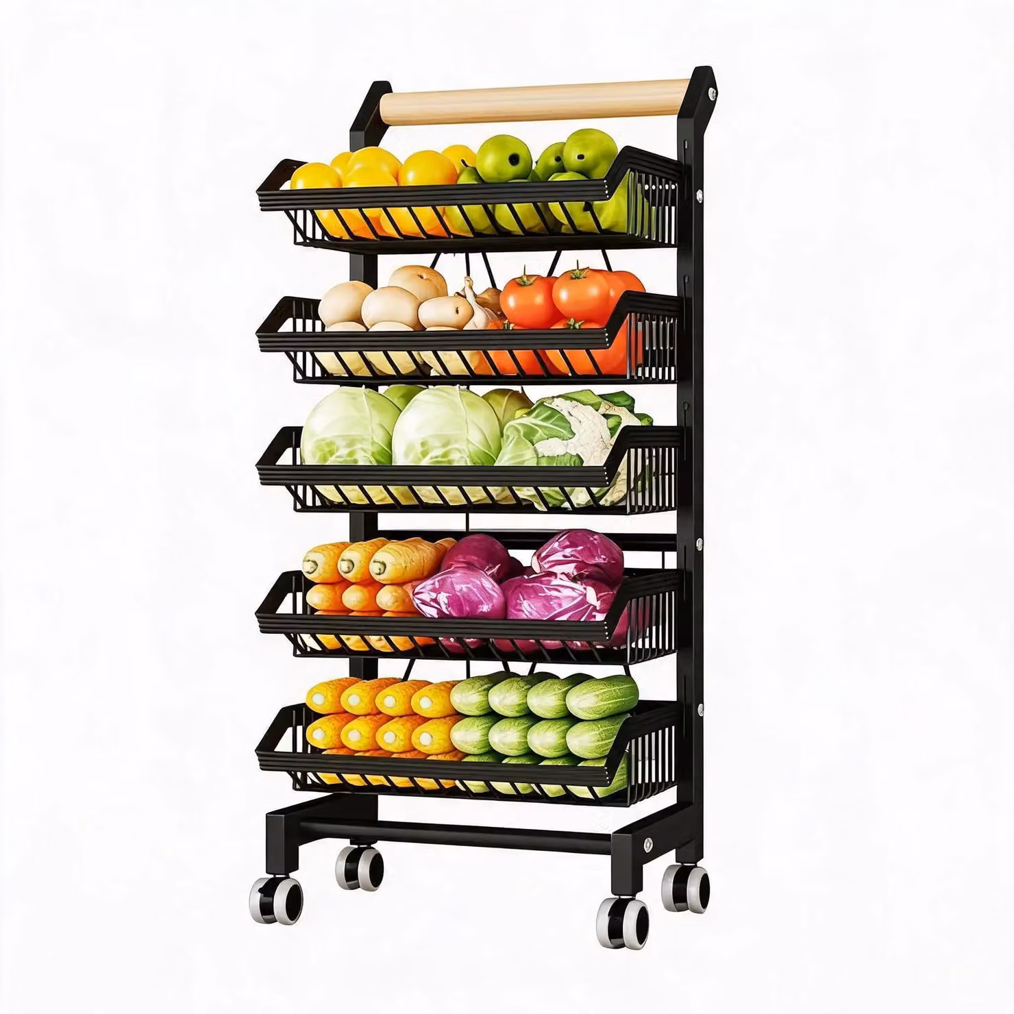 Carrello portaoggetti per la cucina - Carrello metallico a 5 ripiani - Rotazione a 360° - Ripiano sottile pieghevole per verdure - Scaffale con cesto in filo su ruote - Nero