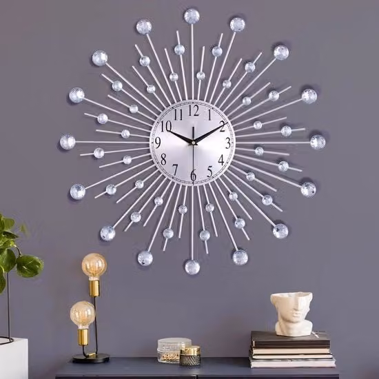 Orologio da Parete in Metallo Argento Grande, Progetto Creativo con Pietre di Luce, Orologio da Parete Silenzioso Moderno, Decorazione d'Arte Silenziosa per Salotto Camera Cucina 56cm