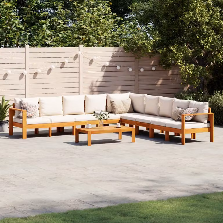 vidaXL Set Divano da Giardino 6 pz a L in Legno di Acacia con Cuscini Beige e Bianchi