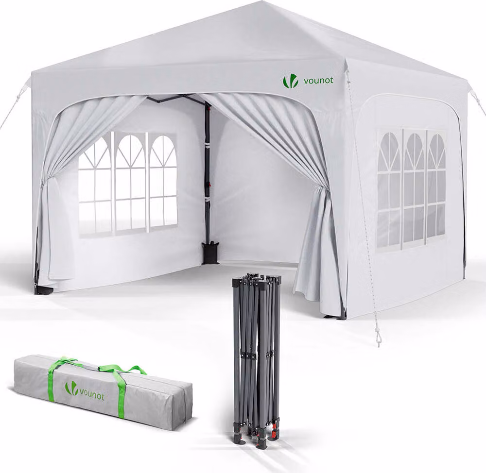 VOUNOT® gazebo 3x3m con 4 pannelli laterali e 4 sacchi di sabbia, gazebo pieghevole pop up, impermeabile, pieghevole, tenda da giardino per feste, bianco