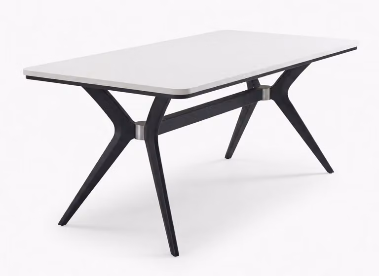 Tavolo da pranzo moderno con piano bianco e struttura in metallo nero a forma di X