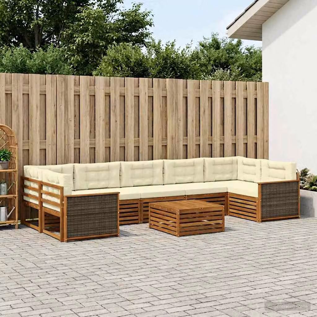 Set di divani da esterno vidaXL 8 pz in legno di acacia con cuscini beige e bianco per giardino e terrazza