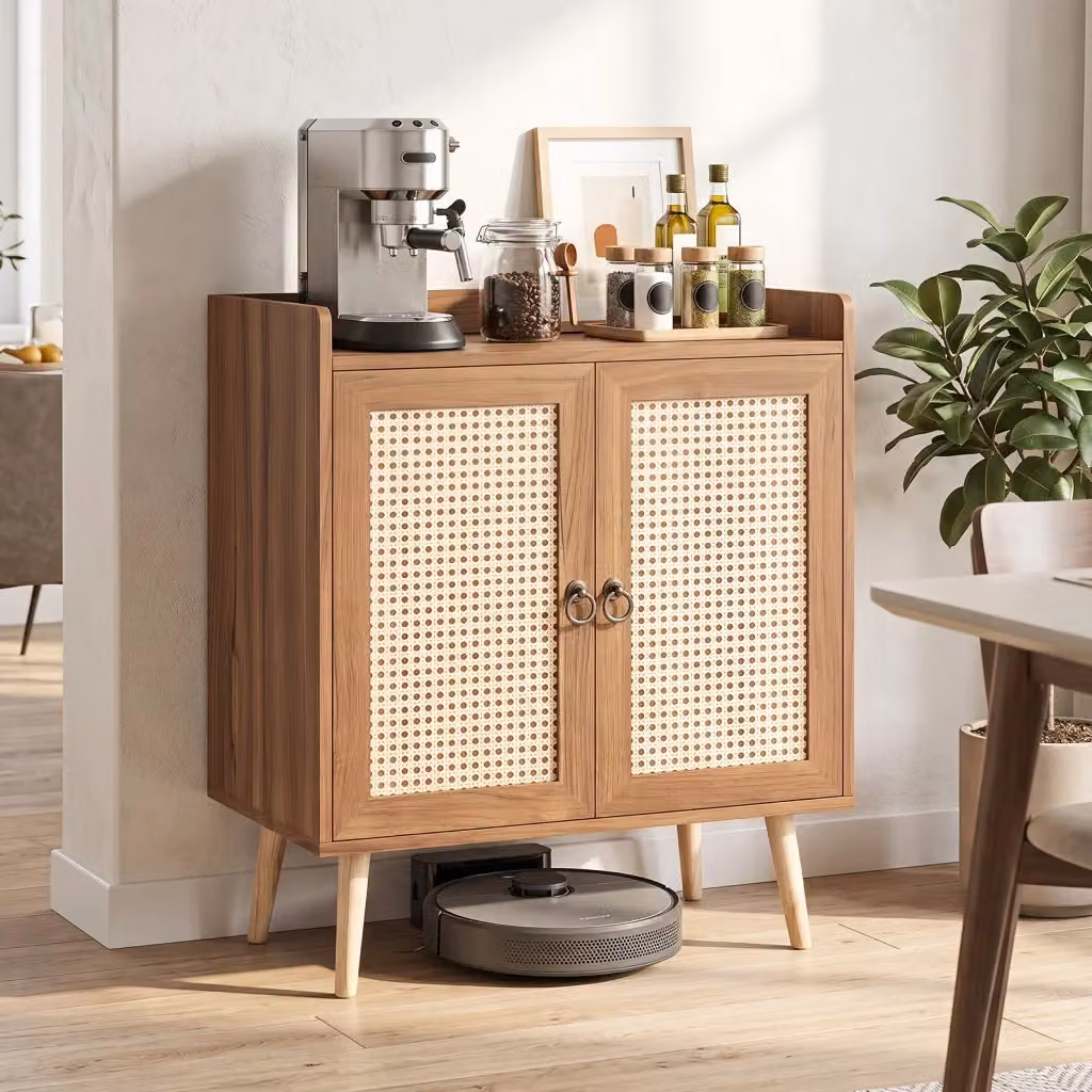 Mobile portaoggetti in rattan e legno con 2 ante e ripiano regolabile, colore marrone, ideale per cucina, soggiorno o sala da pranzo – 2
