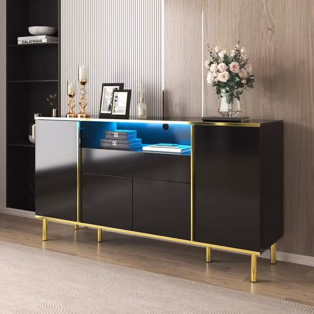 Credenza e madia LED con 4 ante, 1 cassetto e vano, finitura lucida nera, dettagli dorati, in MDF, 150 × 40 × 80 cm