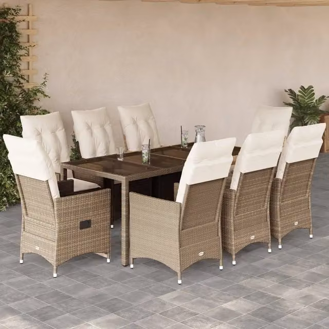 Set da Pranzo da Giardino vidaXL in Polyrattan con Cuscini Beige e Tavolo in Vetro, 9 Pezzi – 1