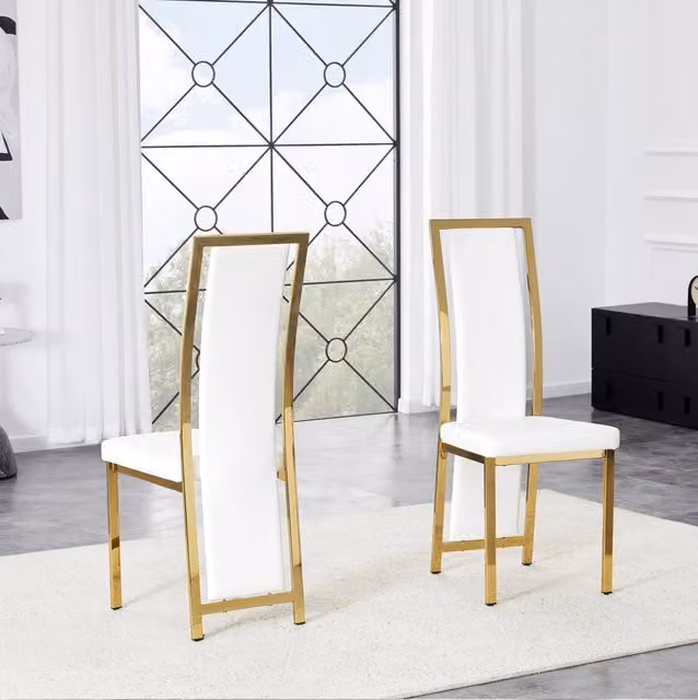 Set di 2 sedie da pranzo con schienale alto; PU bianco e metallo dorato; altezza 109 cm