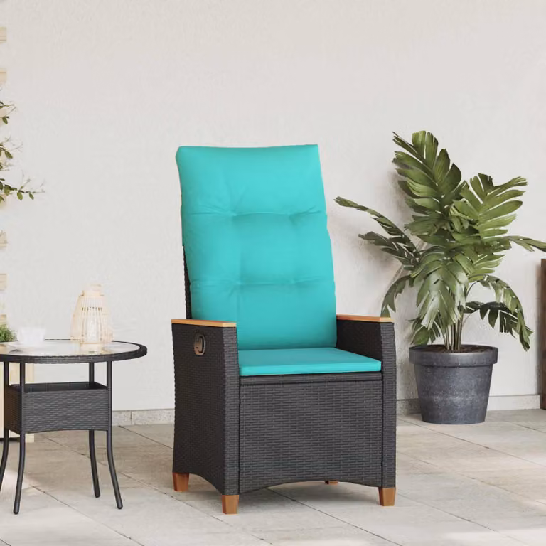 Sedia da giardino reclinabile vidaXL in polyrattan con cuscini, Nero e Turchese