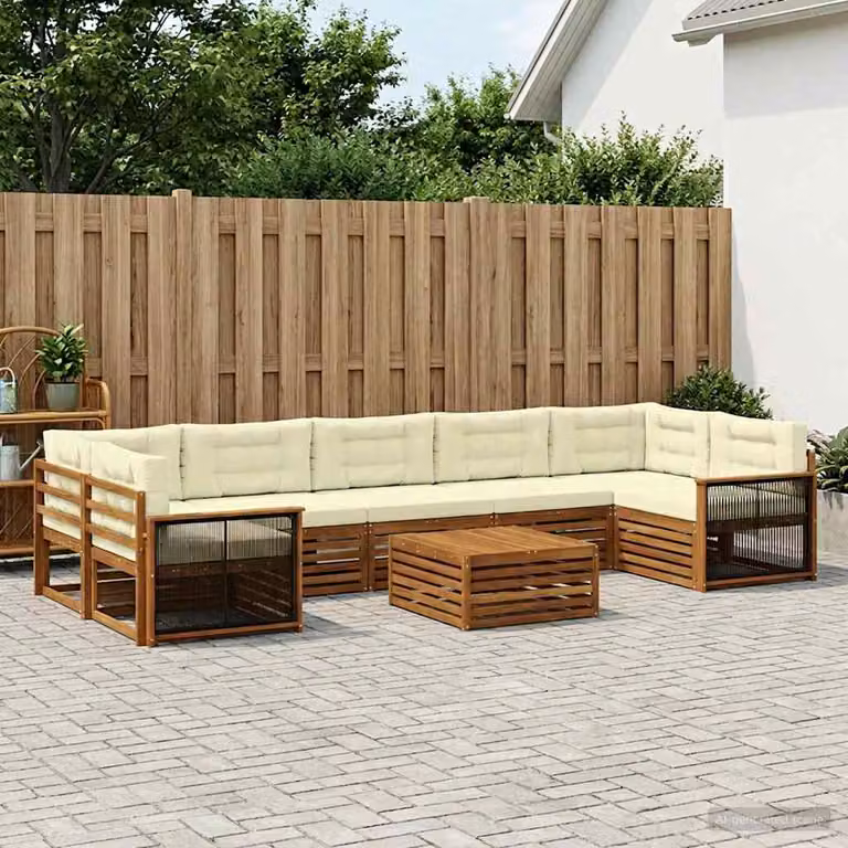 Set di divani da esterno vidaXL 8 pz in legno di acacia con cuscini, beige e bianco