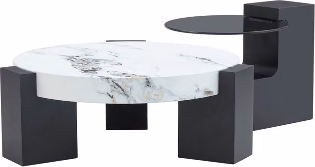 Set di 2 tavolini da salotto REDOM con top incastrabili rotondi in MDF effetto marmo bianco e nero Ø61/44 cm – 1