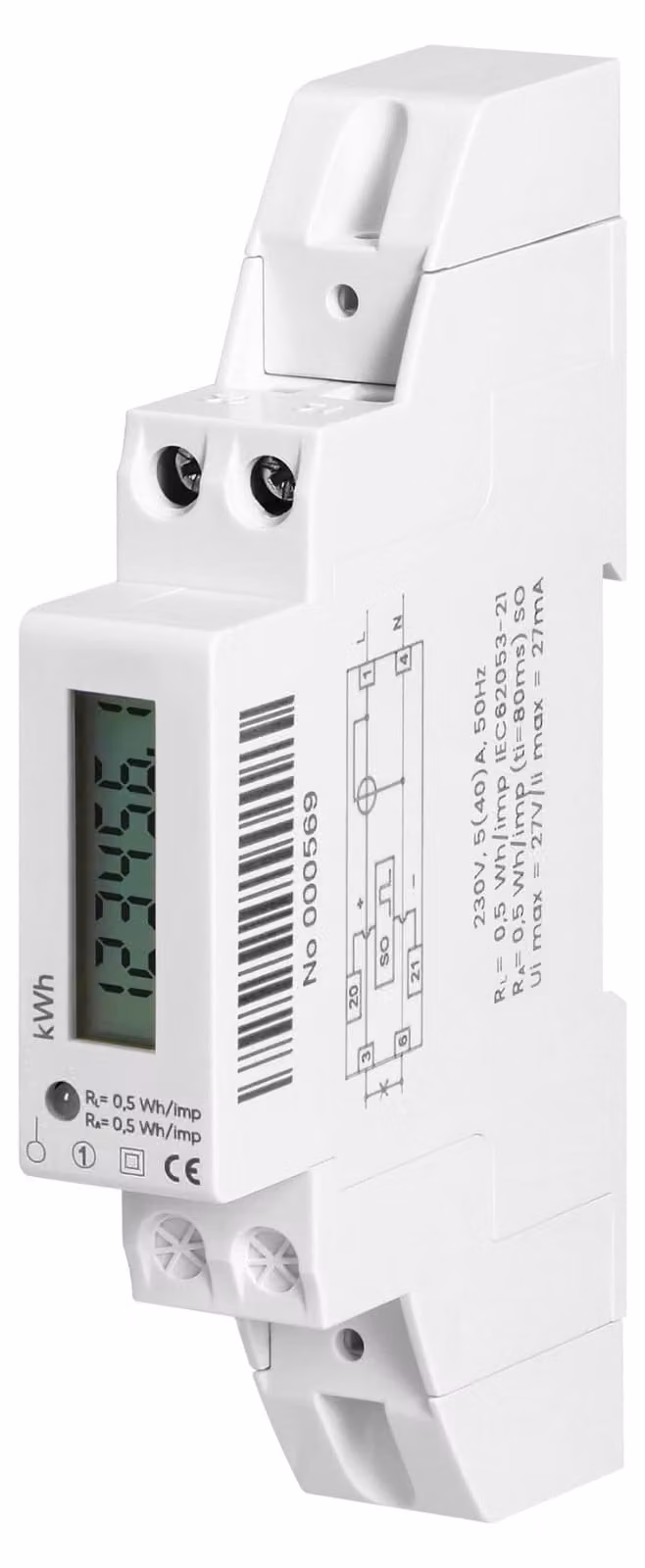 Contatore di energia elettrica monofase, 40A, per montaggio su guida DIN