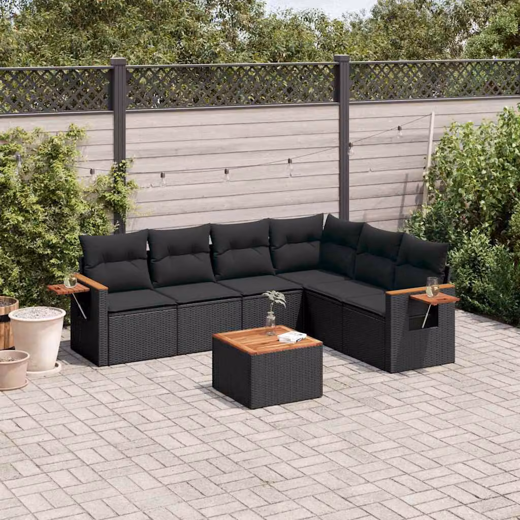 Set Divani da Giardino a L vidaXL in Polyrattan Nero con 7 Cuscini e Tavolino da Esterno – 1