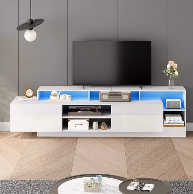 Mobile TV moderno bianco 190x40x48,5 cm per TV fino a 70" con LED e ampi scomparti