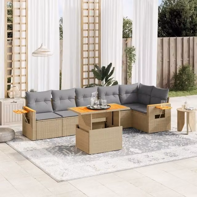 Set Divani da Giardino 7 pz con Cuscini Beige in Polyrattan 3273530