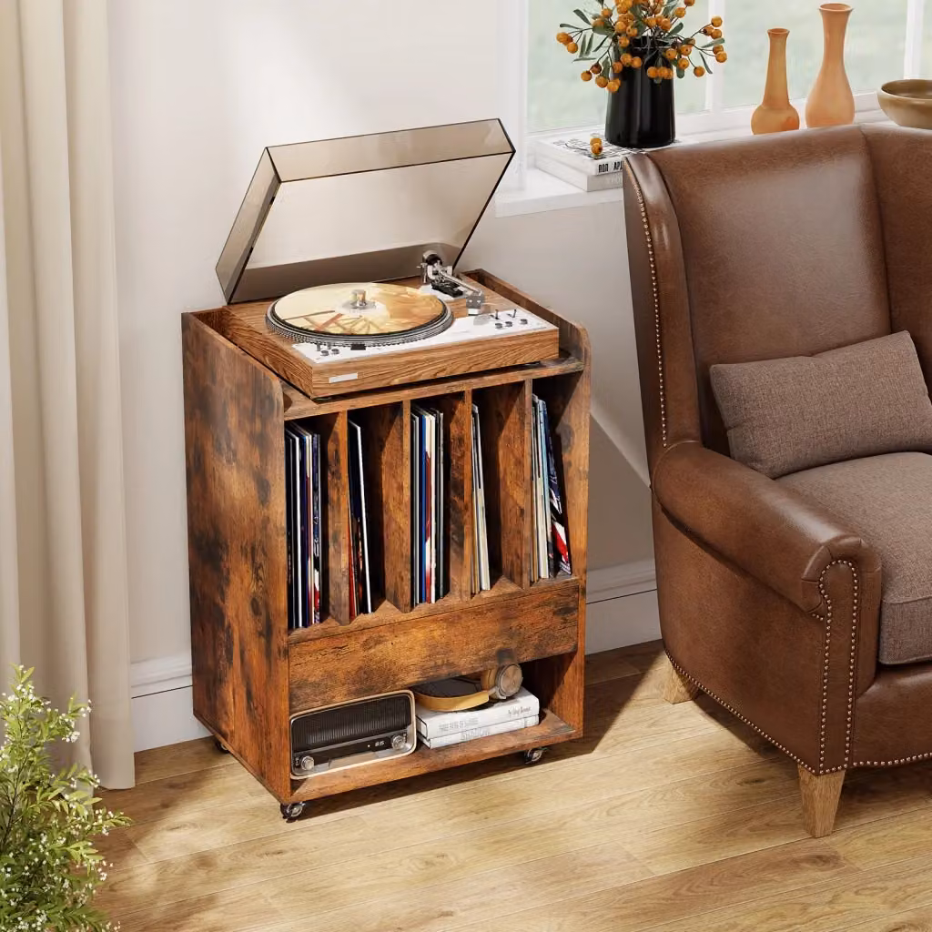 Mobile porta vinili marrone con 4 ruote universali, scomparto aperto, cassetto e gancio rimovibile – 2