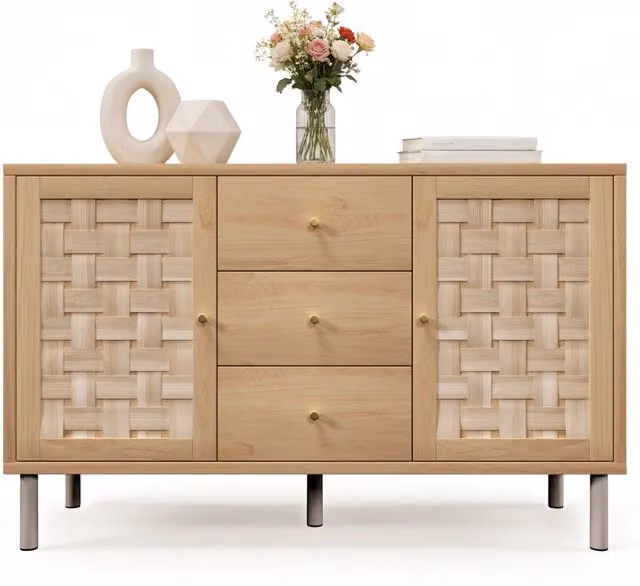 Credenza 120x40x75 cm in MDF e metallo; 2 ante e 3 cassetti; colore rovere