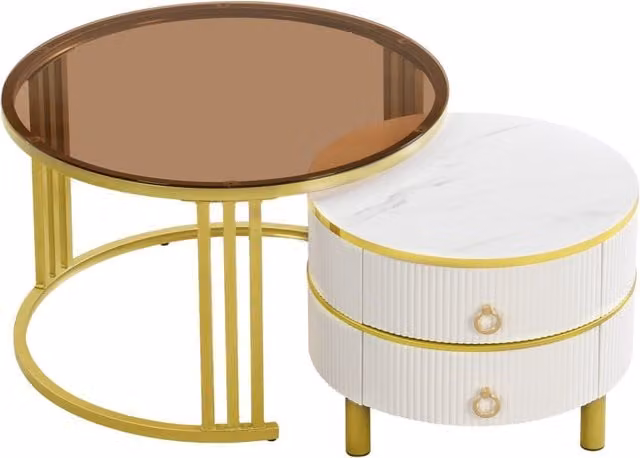 Set di 2 Tavolini Rotondi in MDF con Piano in Vetro Temperato Bianco e Marrone 70x70x45 + 50x50x40 cm