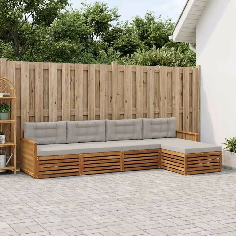 Set di divani da esterno a L vidaXL in legno di acacia con pouf e cuscini, Beige, Grigio e Marrone
