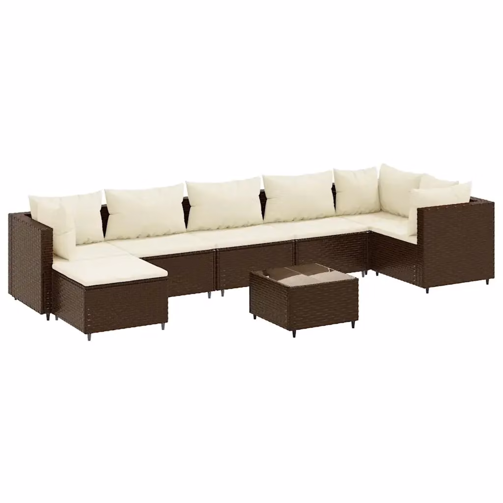 Set Divani da Giardino vidaXL 8 pz con Tavolino e Ottoman, Design a L con Cuscini Bianchi e Struttura in Metallo Marrone – 2