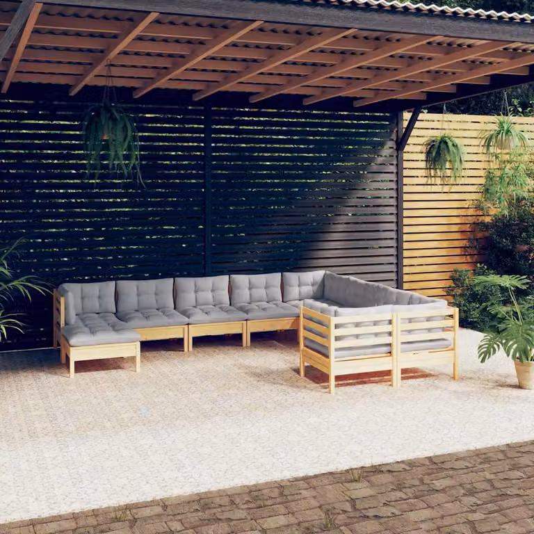 Set di divani da giardino vidaXL in legno massello di pino con cuscini grigi, composizione a L con 10 pezzi e pouf