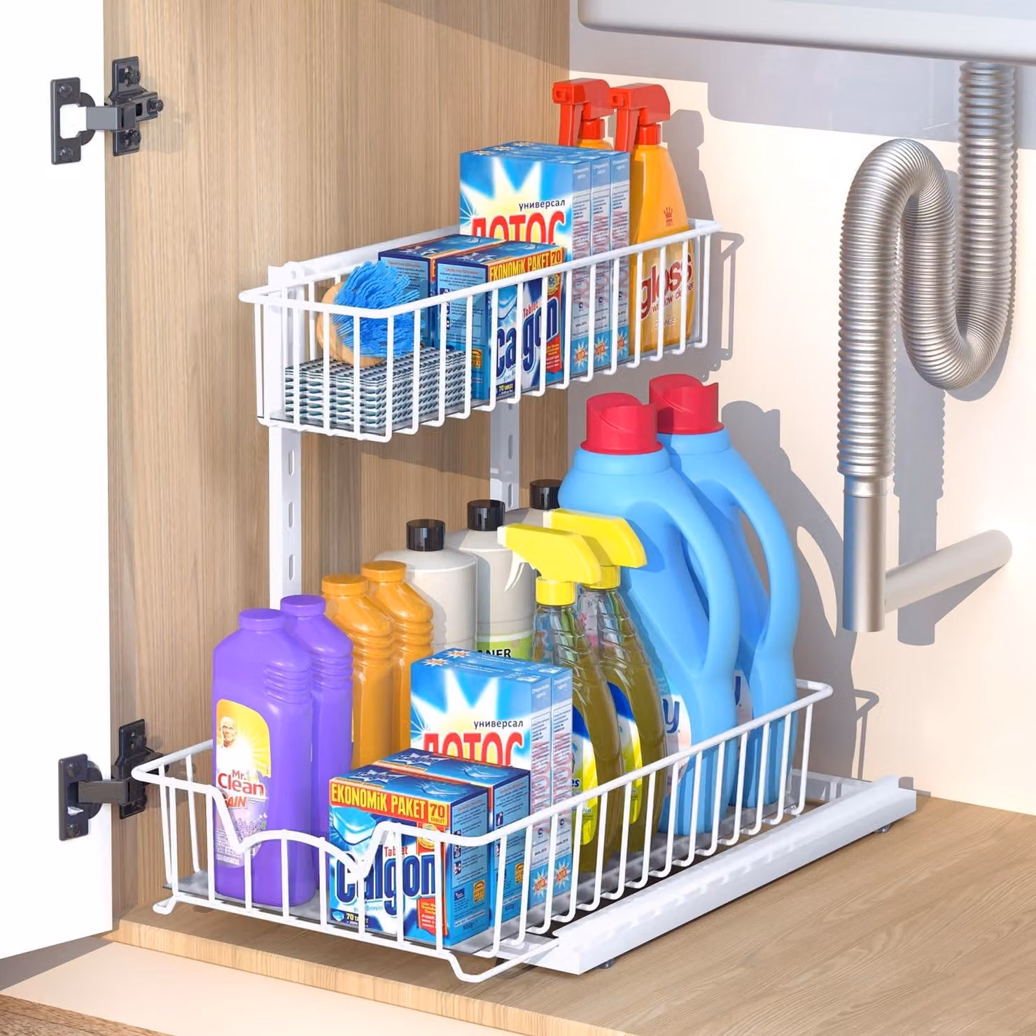 Organizzatore sottolavello - Estraibile - 2 ripiani - Metallo - Bianco - Per cucina e bagno