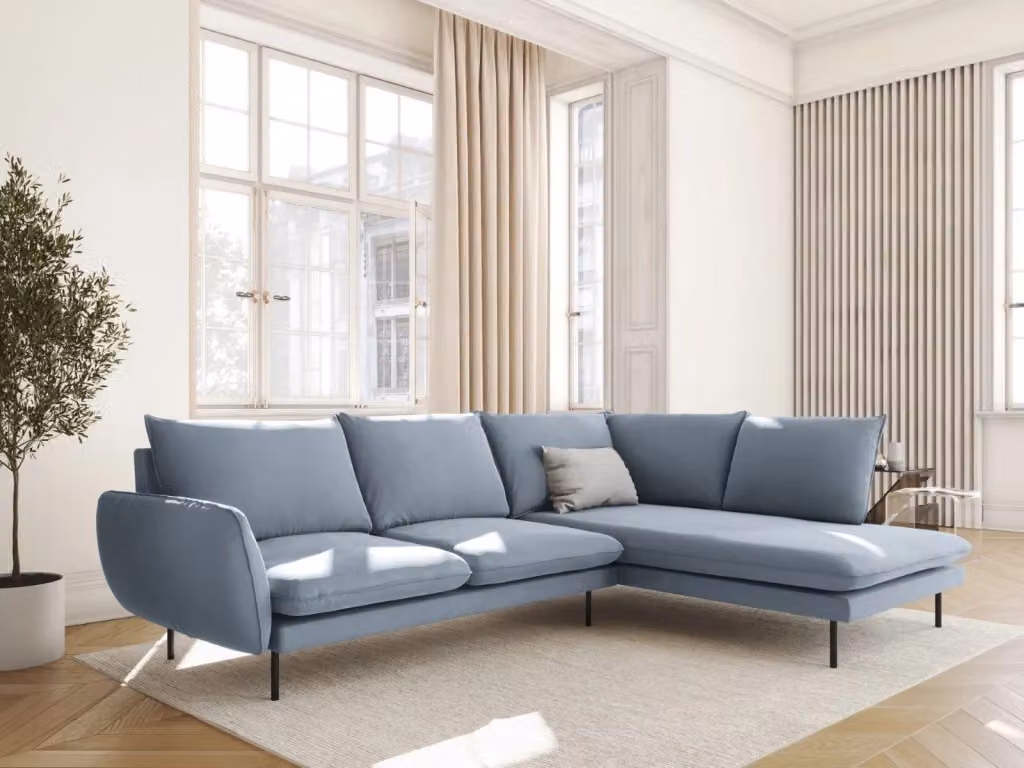 Divano angolare destro Vienna di Cosmopolitan Design in velluto azzurro da 6 posti, L: 275 cm, P: 185 cm, H: 95 cm – 2