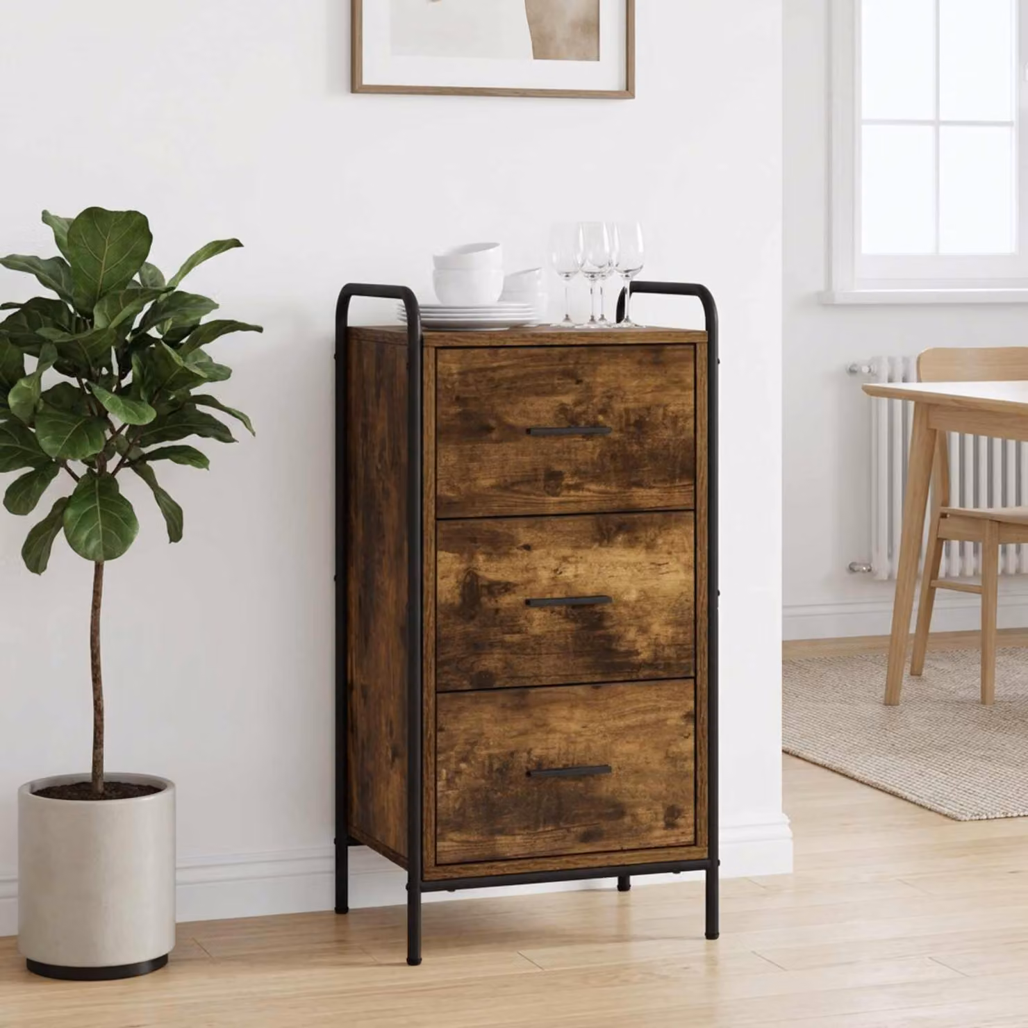 Credenza moderna vidaXL in legno ingegnerizzato e metallo, colore rovere fumo, L: 97 cm, P: 33 cm, H: 81 cm