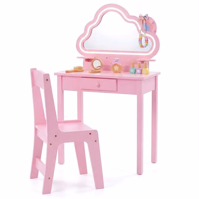 Set postazione trucco per bambini con specchiera a forma di nuvola con luci LED, sgabello e cassetto in legno rosa – 1