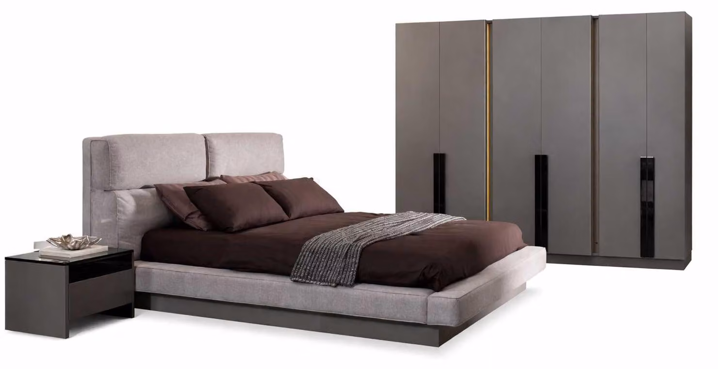 Set di design moderno composto da letto, comodini, camera da letto e armadio