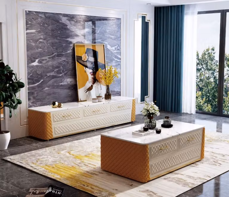 Ovaler Couchtisch Design Wohnzimmer Tisch Marmor Imitation Leder Wohnzimmer