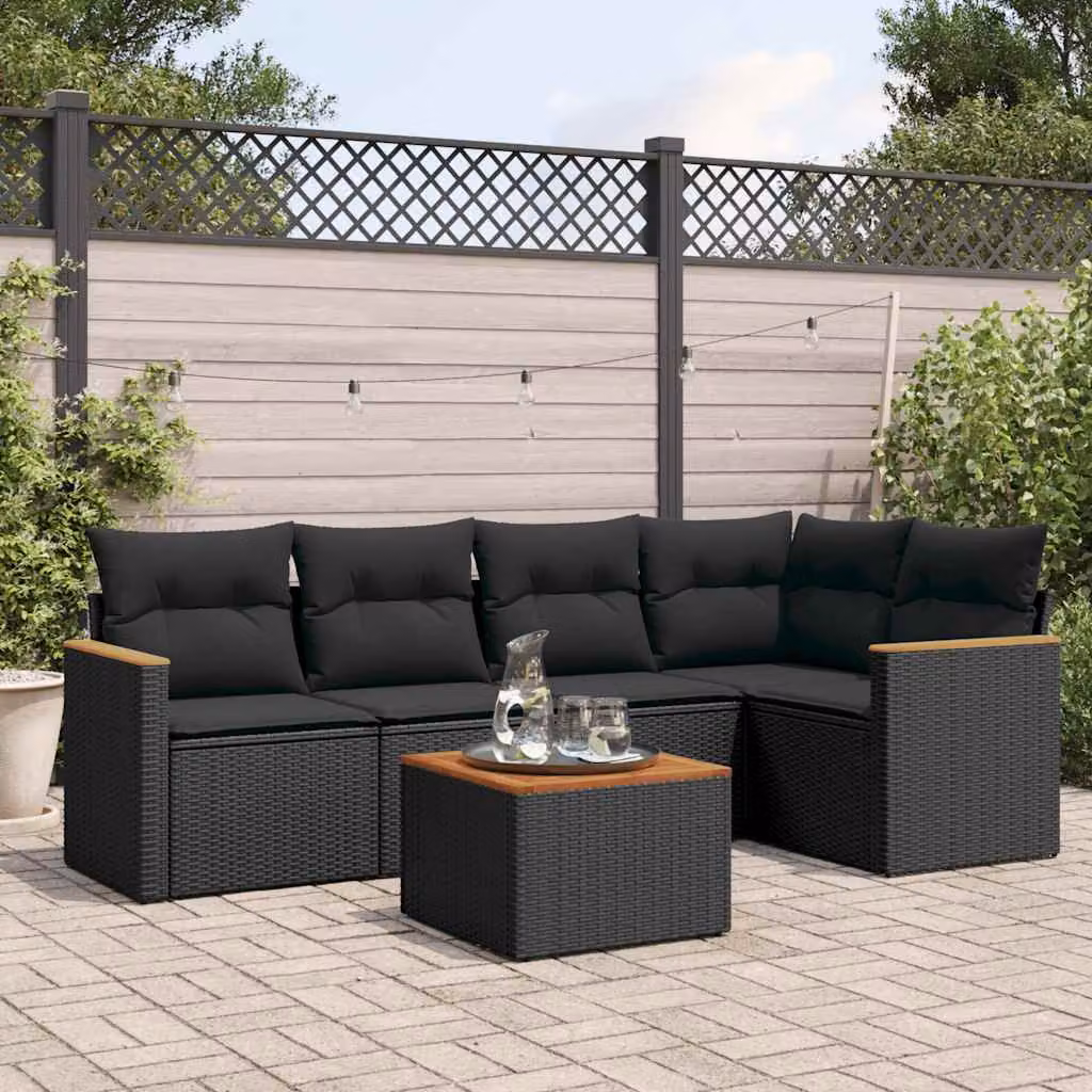 vidaXL Set Divano da Giardino a L 6 pz con Tavolino e Cuscini Neri in Polyrattan e Acciaio – 1