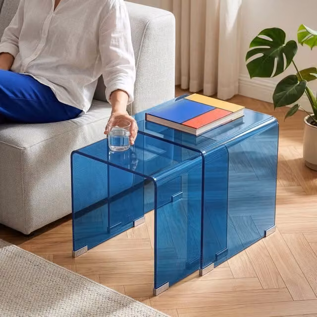 Set Kariengem di 2 Tavolini Sovrapponibili in Vetro Blu en.casa – 1