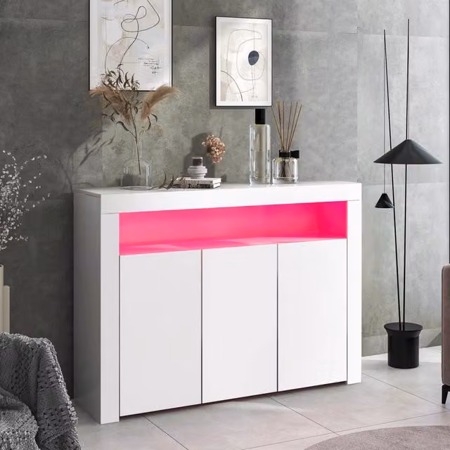 Credenza e madia LED con 3 ante, ripiani regolabili e vani aperti per cucina e soggiorno, bianca, 130 × 35 × 95 cm