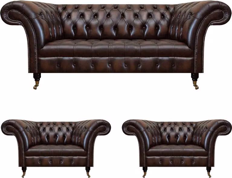 Luxus Braun Leder Sofa Set Wohnzimmer 2x Sessel Dreisitzer Couch Chesterfield
