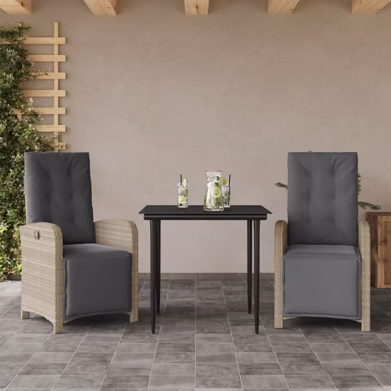 Set da Bistrò vidaXL 3 pz in Polyrattan con Cuscini Grigio Chiaro e Piano in Vetro Nero